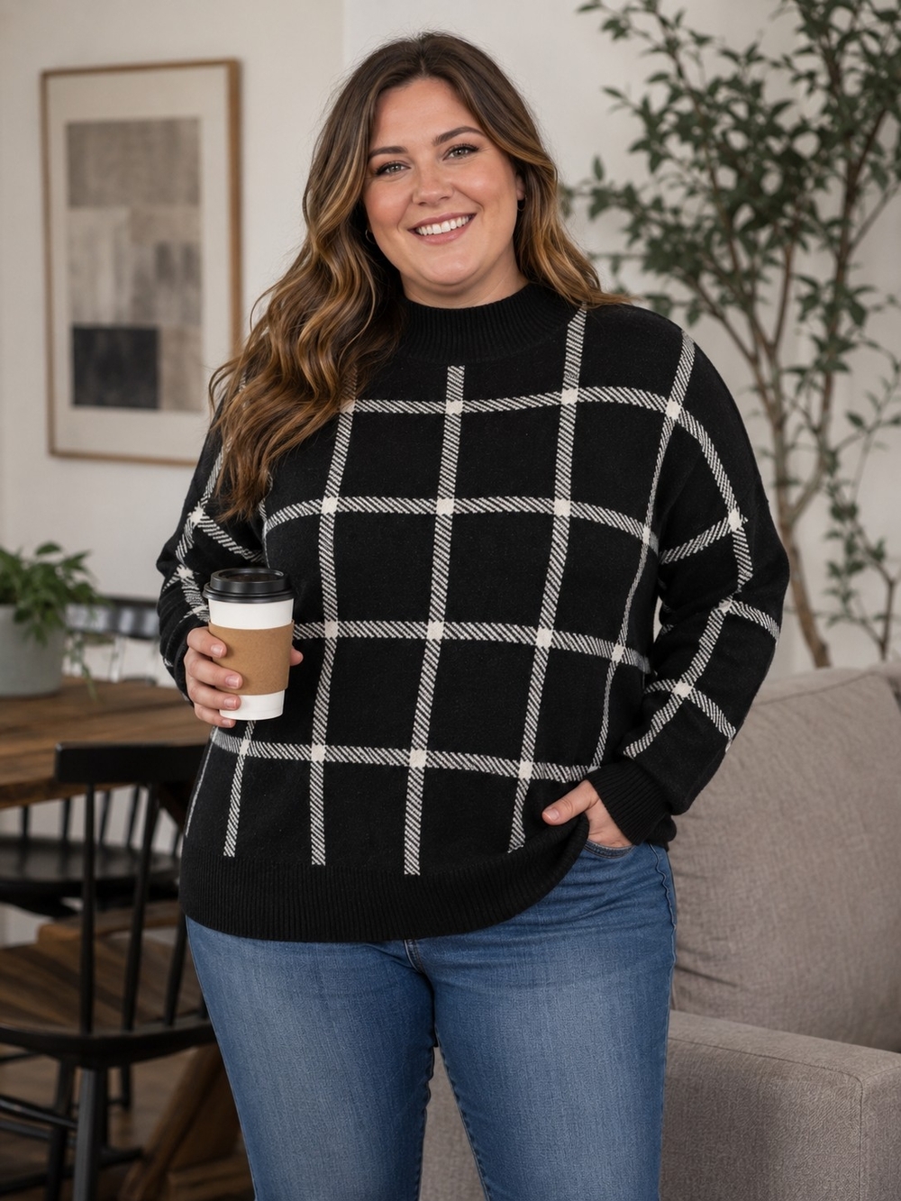 Torrid Window Pane Mock Neck Soft Knit Fuzzy Sweater 1X